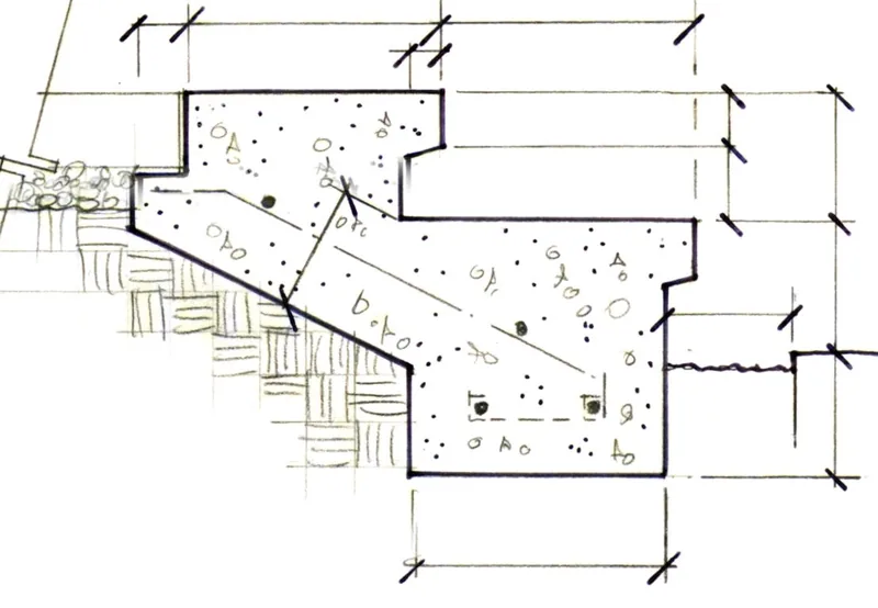 Construction section detail — concrete step design with footings and drainage
