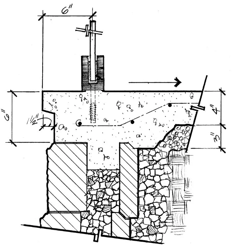 Construction section detail — glass panel railing on concrete slab above retaining wall