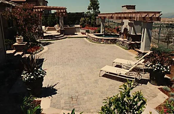 Hilltop outdoor living with spa, fireplace, and arbors — Silver Creek, CA